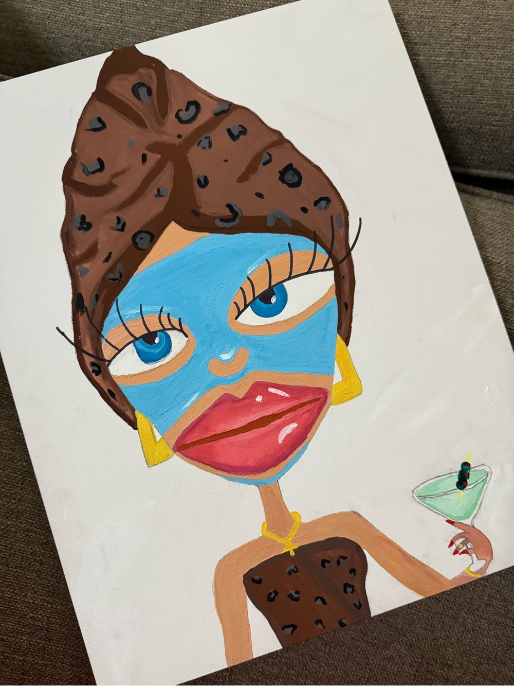 Blue-Faced Fashion Portrait Wall Art - Brown Headwrap Illustration